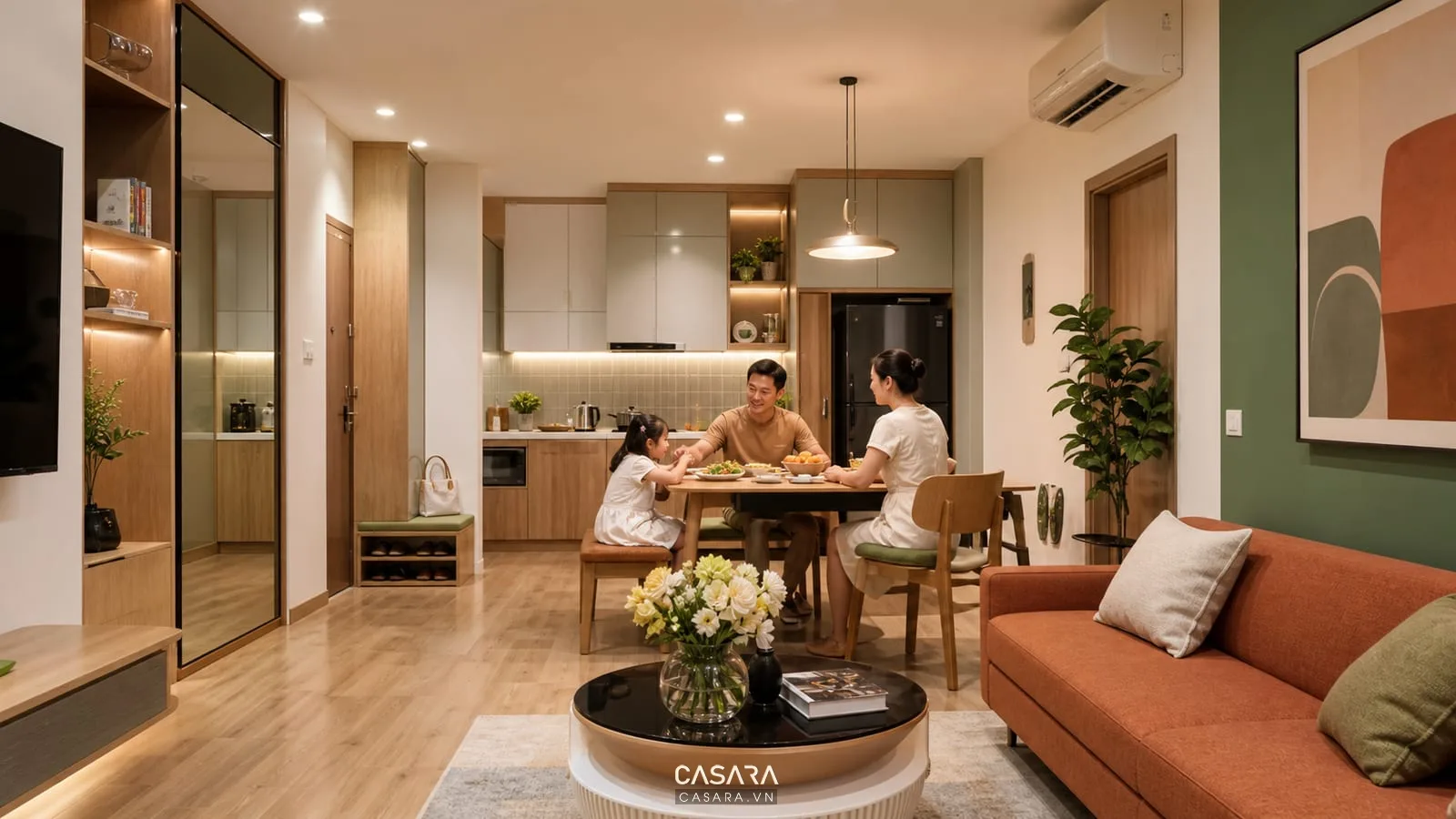 Căn hộ chung cư hoàn thiện nội thất với phòng khách bếp và tủ lưu trữ
