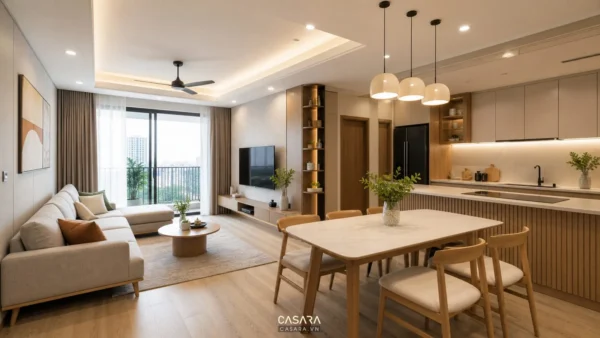 thi công trọn gói nội thất căn hộ hiện đại có phòng khách liền bếp và sàn gỗ sáng