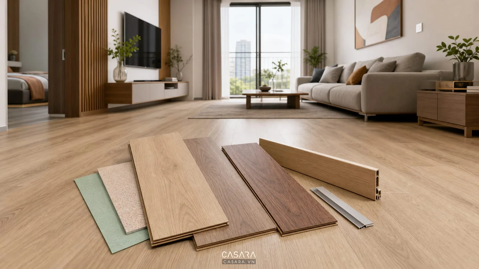 sàn gỗ chung cư với mẫu ván sàn gỗ công nghiệp lớp lót phào chân tường và nẹp kim loại