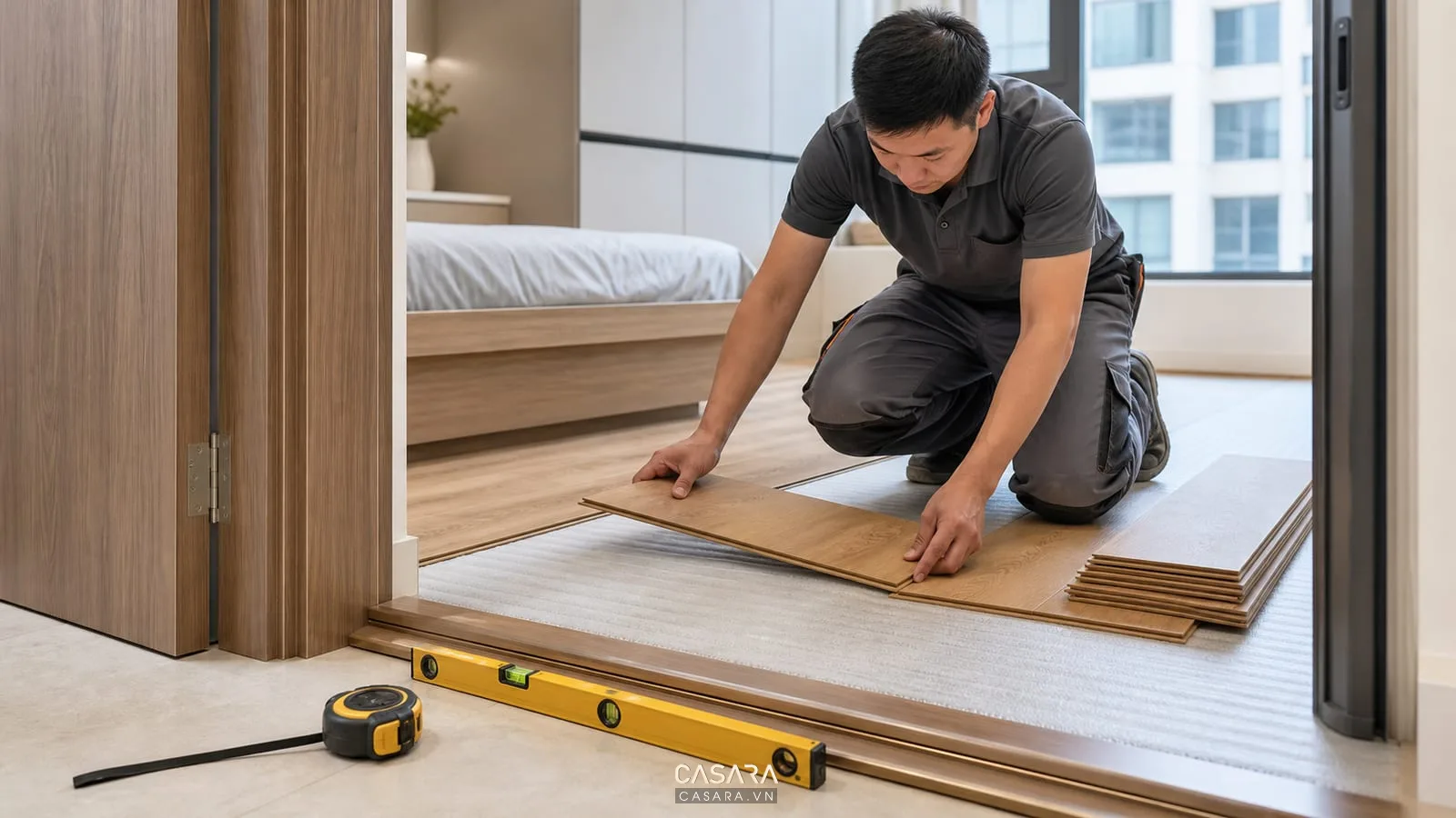 thi công sàn gỗ chung cư với thợ lắp đặt ván sàn lớp lót nẹp cửa và dụng cụ đo cao độ