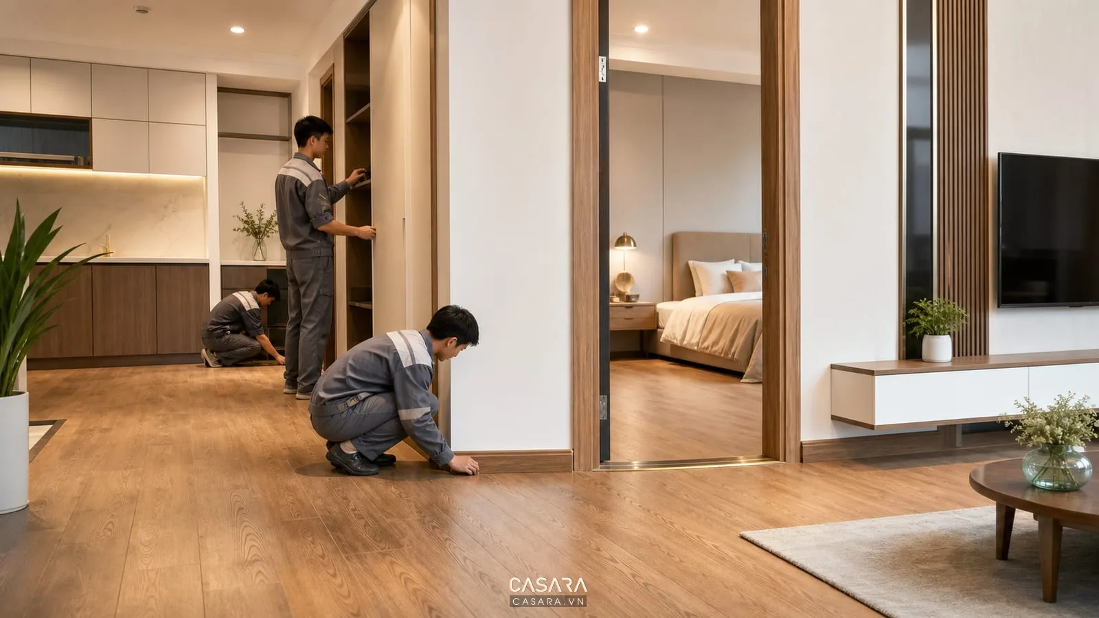 giá thi công chung cư với sàn gỗ phòng khách phòng ngủ tủ bếp tủ áo phào chân tường và đội thi công nội thất