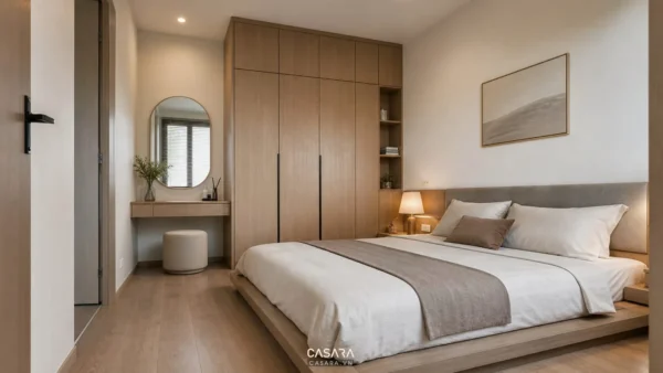 Phòng ngủ chung cư mini có giường thấp, tủ quần áo kịch trần và bàn trang điểm nhỏ