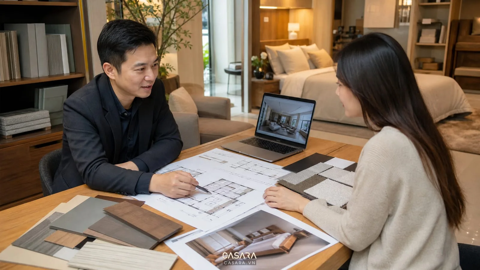 Kiến trúc sư tư vấn thiết kế nội thất với gia chủ bên bản vẽ mặt bằng mẫu gỗ đá và phối cảnh phòng khách