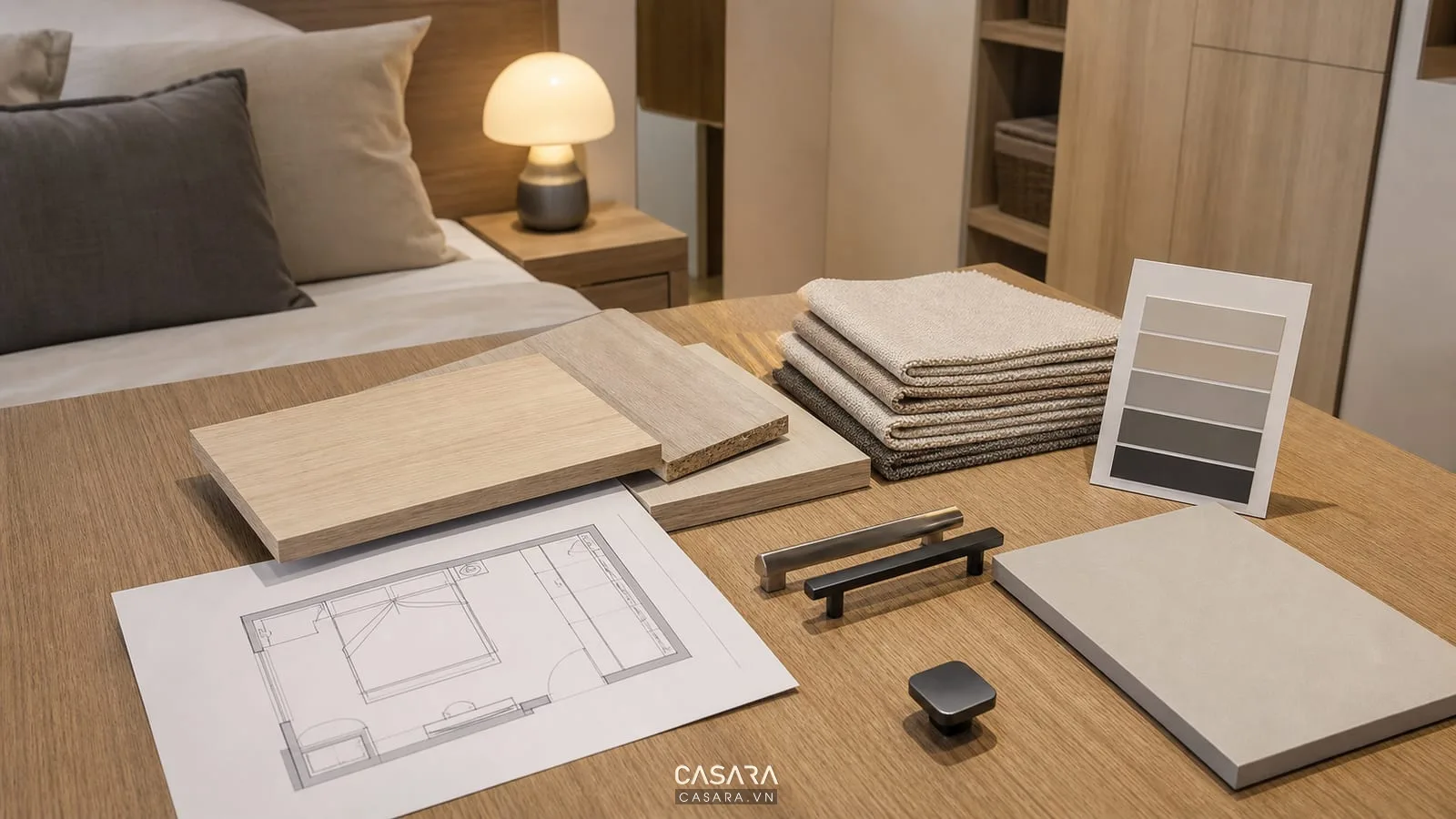 mẫu vật liệu thiết kế chung cư mini với gỗ sáng màu, vải rèm, tay nắm tủ, đèn ngủ và bản vẽ phòng ngủ