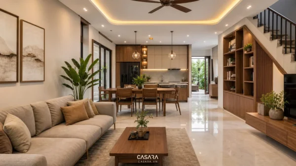 Phòng khách liền bếp trong nhà phố với sofa, bàn ăn, tủ bếp và kệ gỗ dưới cầu thang