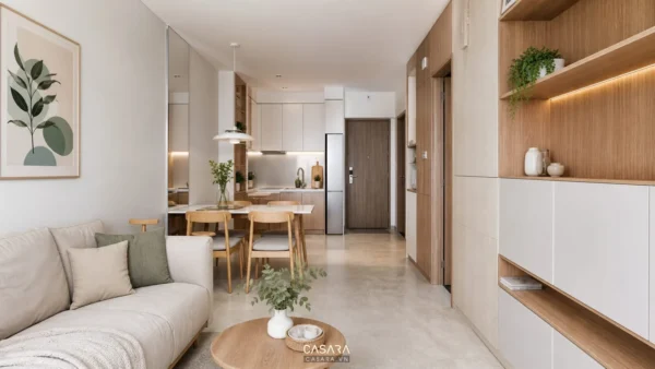 Phòng khách căn hộ nhỏ liền bếp ăn với sofa sáng màu và hệ tủ gỗ