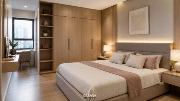Phòng ngủ chung cư có giường lớn, tủ âm tường gỗ sáng và góc bàn làm việc cạnh cửa sổ