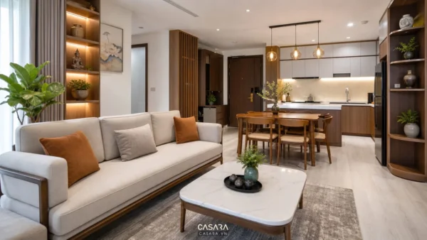 Thiết kế nội thất chung cư 70m2 với phòng khách liên thông bếp hiện đại