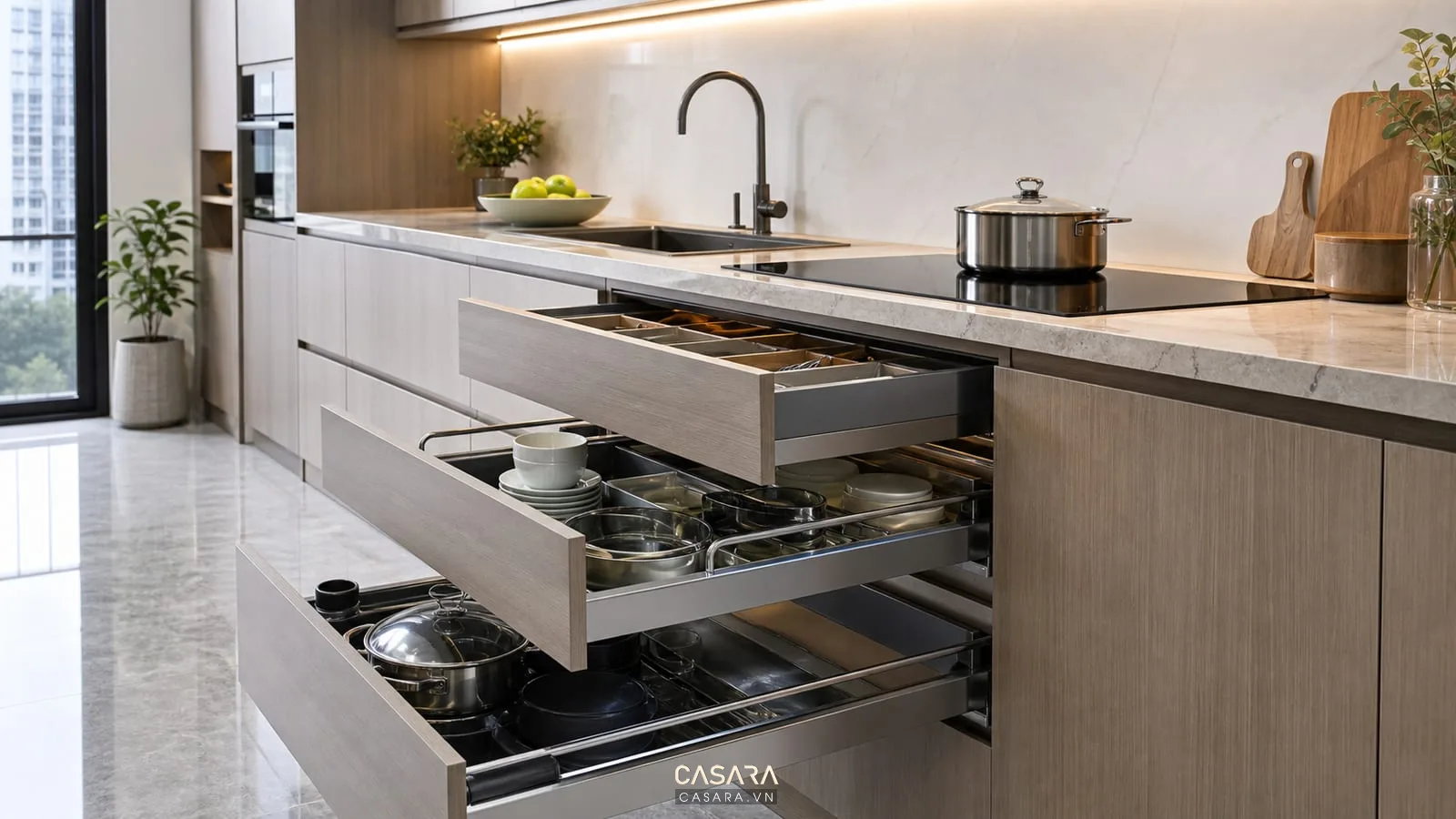 Phòng bếp chung cư hiện đại có tủ bếp gỗ mặt đá sáng phụ kiện lưu trữ và bàn ăn