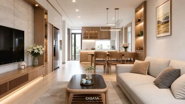 nội thất trọn gói căn hộ hiện đại với phòng khách sofa kệ tivi gỗ bàn ăn bếp liền mạch và ánh sáng tự nhiên