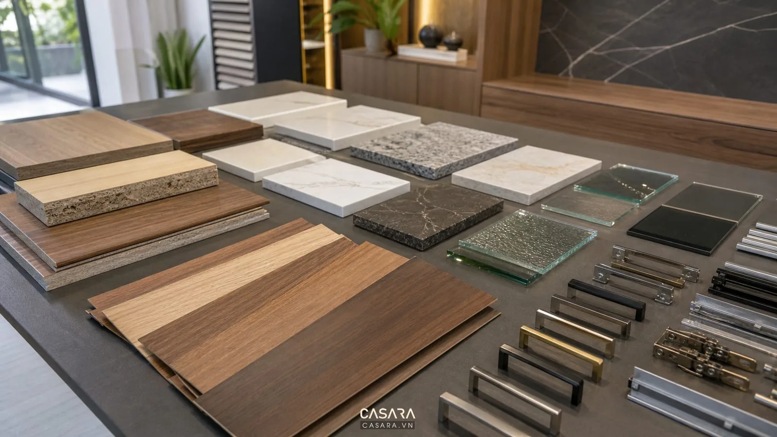 mẫu vật liệu nội thất có gỗ công nghiệp veneer đá bếp kính phụ kiện tủ và tay nắm kim loại trên bàn tư vấn