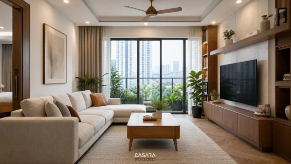 Phòng khách căn hộ thiết kế nội thất hiện đại với sofa sáng màu tủ tivi gỗ và ánh sáng tự nhiên