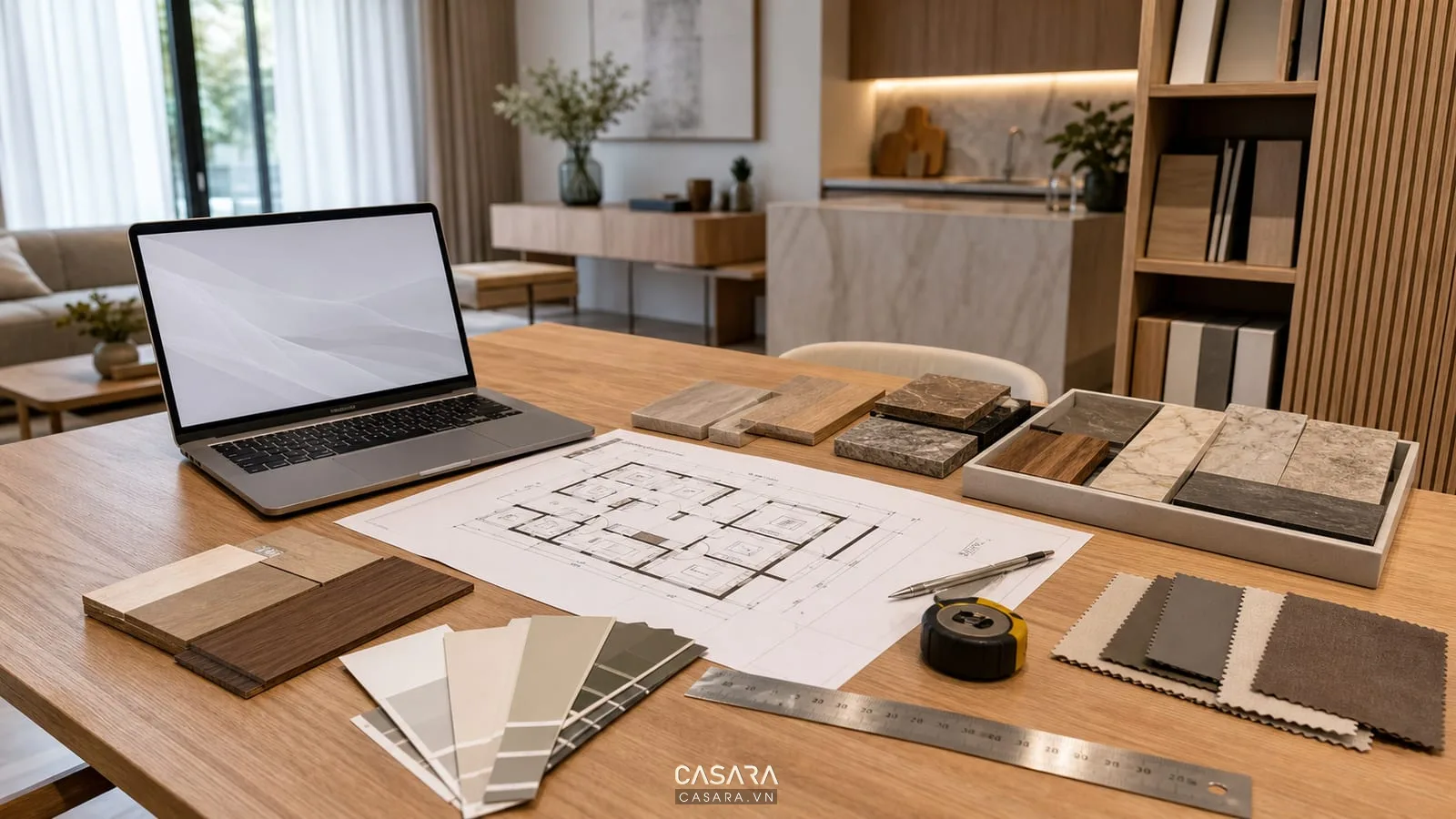 Bàn làm việc thiết kế nội thất với bản vẽ mặt bằng mẫu gỗ mẫu đá bảng màu và laptop