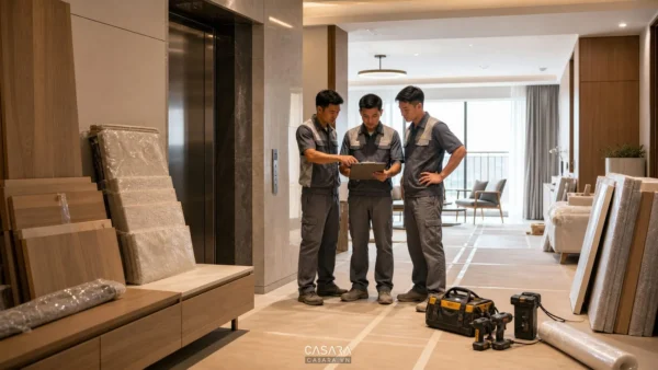 Ba nhân sự thi công nội thất kiểm tra tiến độ trong căn hộ chung cư