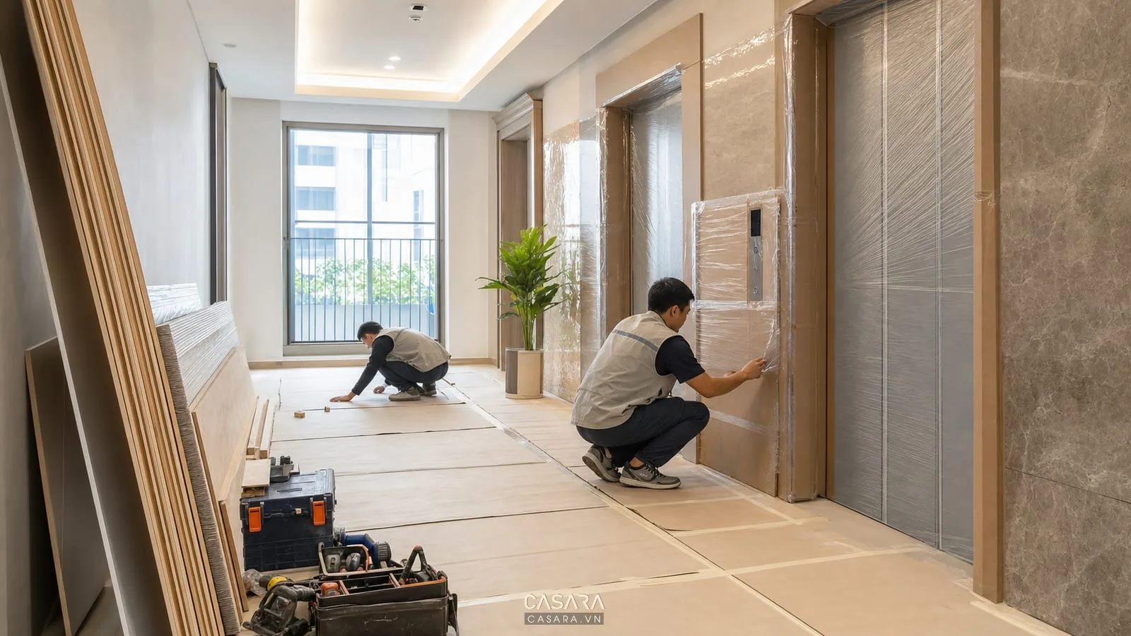 Che chắn hành lang và thang máy khi thi công nội thất chung cư