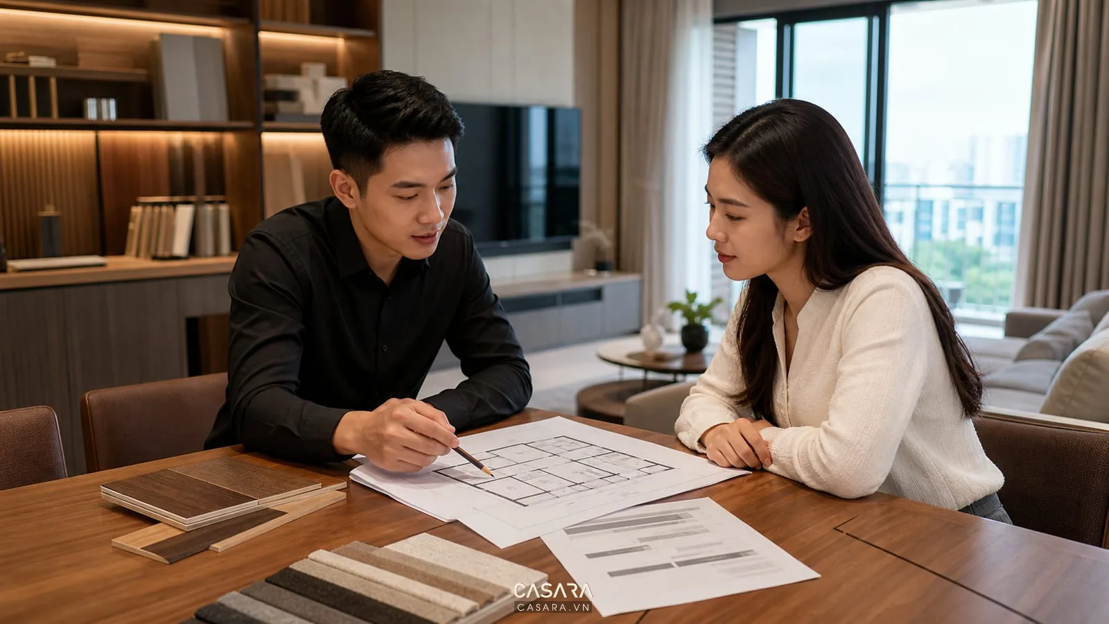 Tư vấn thiết kế thi công nội thất chung cư với bản vẽ và mẫu vật liệu