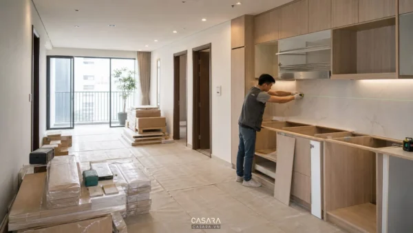 Thợ lắp đặt tủ bếp trong căn hộ chung cư đang thi công nội thất