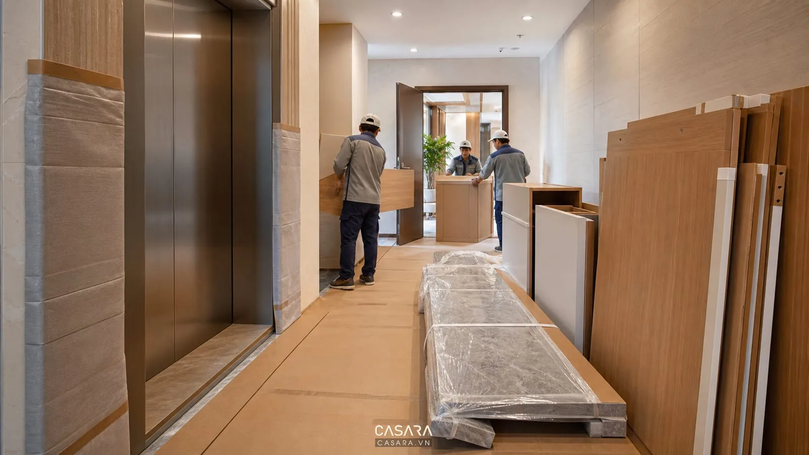 vận chuyển vật liệu thi công nội thất chung cư qua hành lang và thang máy