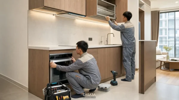 Hai thợ lắp đặt thiết bị và phụ kiện trong khu bếp chung cư