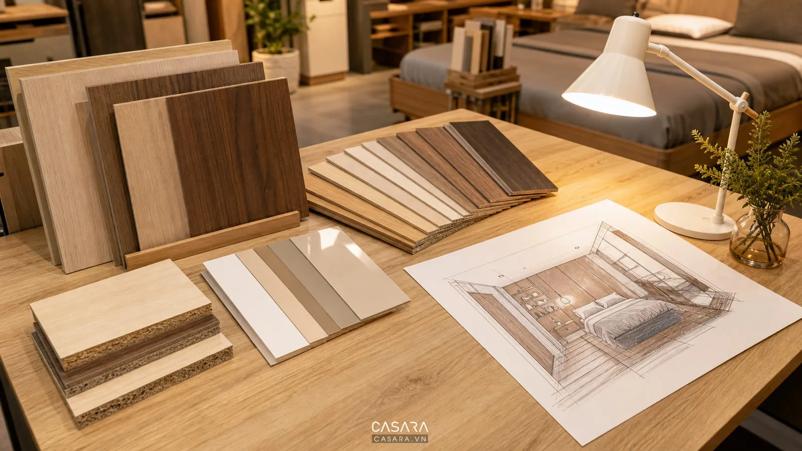 Bảng mẫu vật liệu nội thất có gỗ công nghiệp veneer đá kính và tay nắm kim loại trên bàn tư vấn