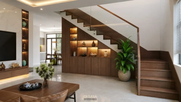 Góc cầu thang phòng khách hiện đại có tủ trang trí và ánh sáng ấm
