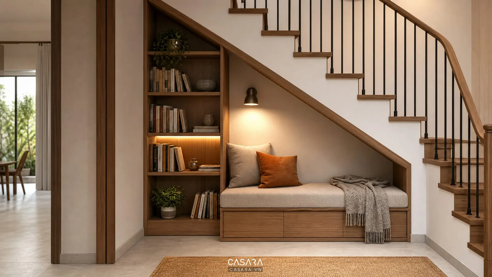 góc đọc sách dưới gầm cầu thang có ghế băng và kệ sách gỗ