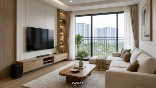 hình ảnh chung cư đẹp với phòng khách hiện đại và nội thất gỗ sáng