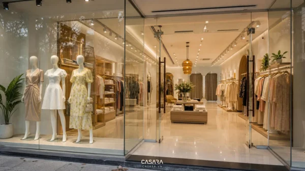 Shop quần áo thời trang nữ đẹp với mặt tiền kính, mannequin mặc váy, kệ treo quần áo, ánh sáng ấm và phong cách hiện đại