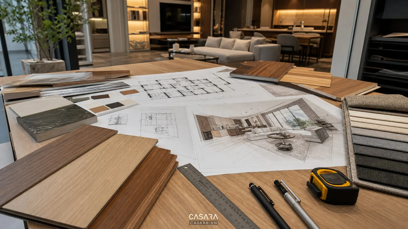 Hồ sơ thi công chung cư với bản vẽ mặt bằng căn hộ phối cảnh nội thất mẫu gỗ và thước đo