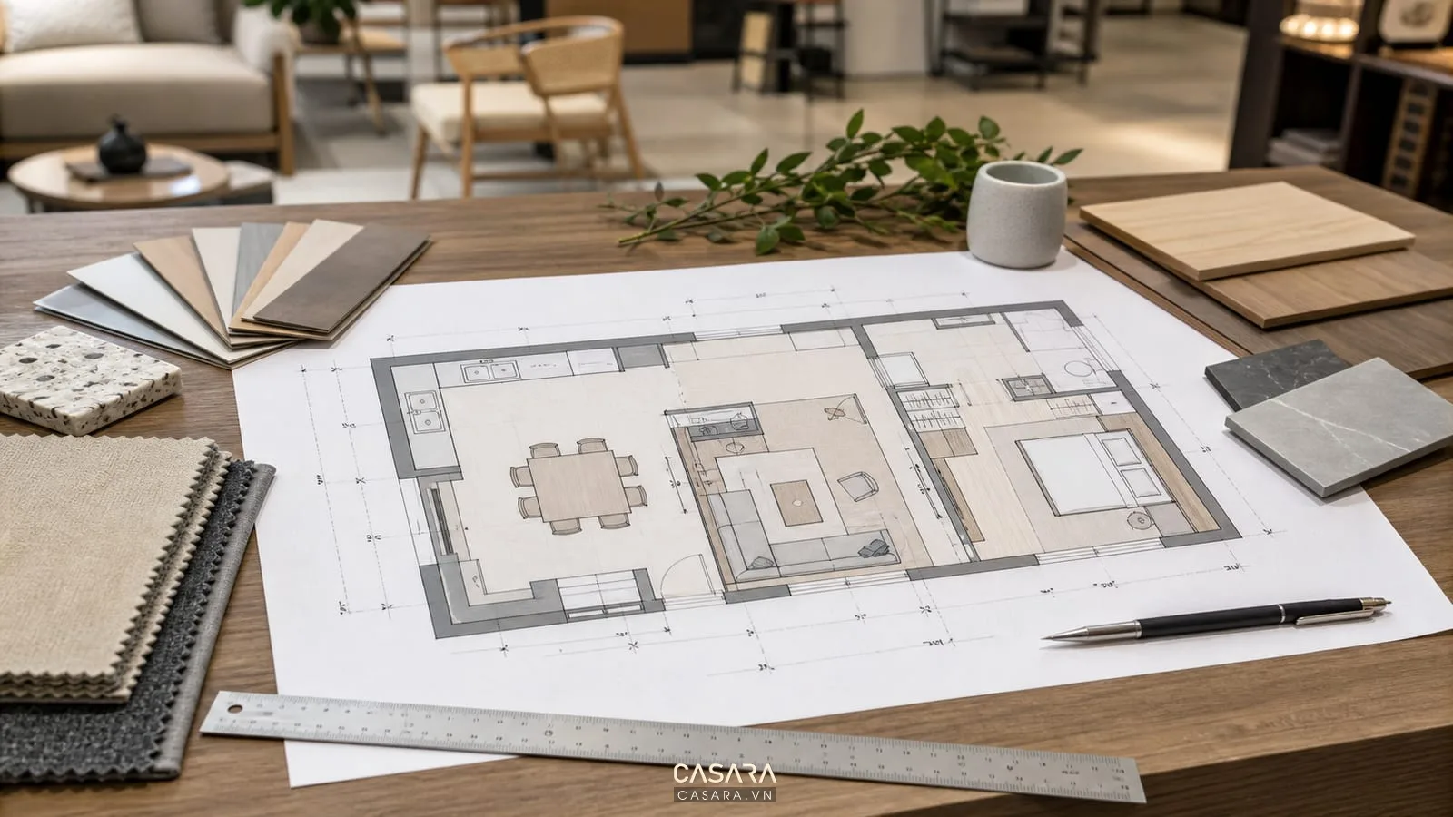 Sơ đồ thiết kế chung cư với mặt bằng căn hộ phòng khách bếp và phòng ngủ