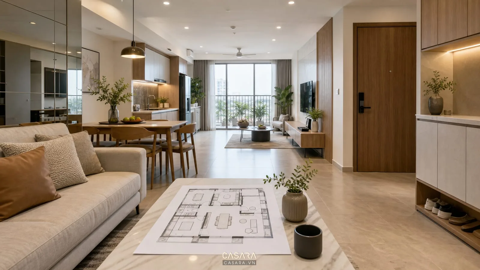 Thiết kế căn hộ chung cư với phòng khách bếp mở tủ giày và mặt bằng nội thất