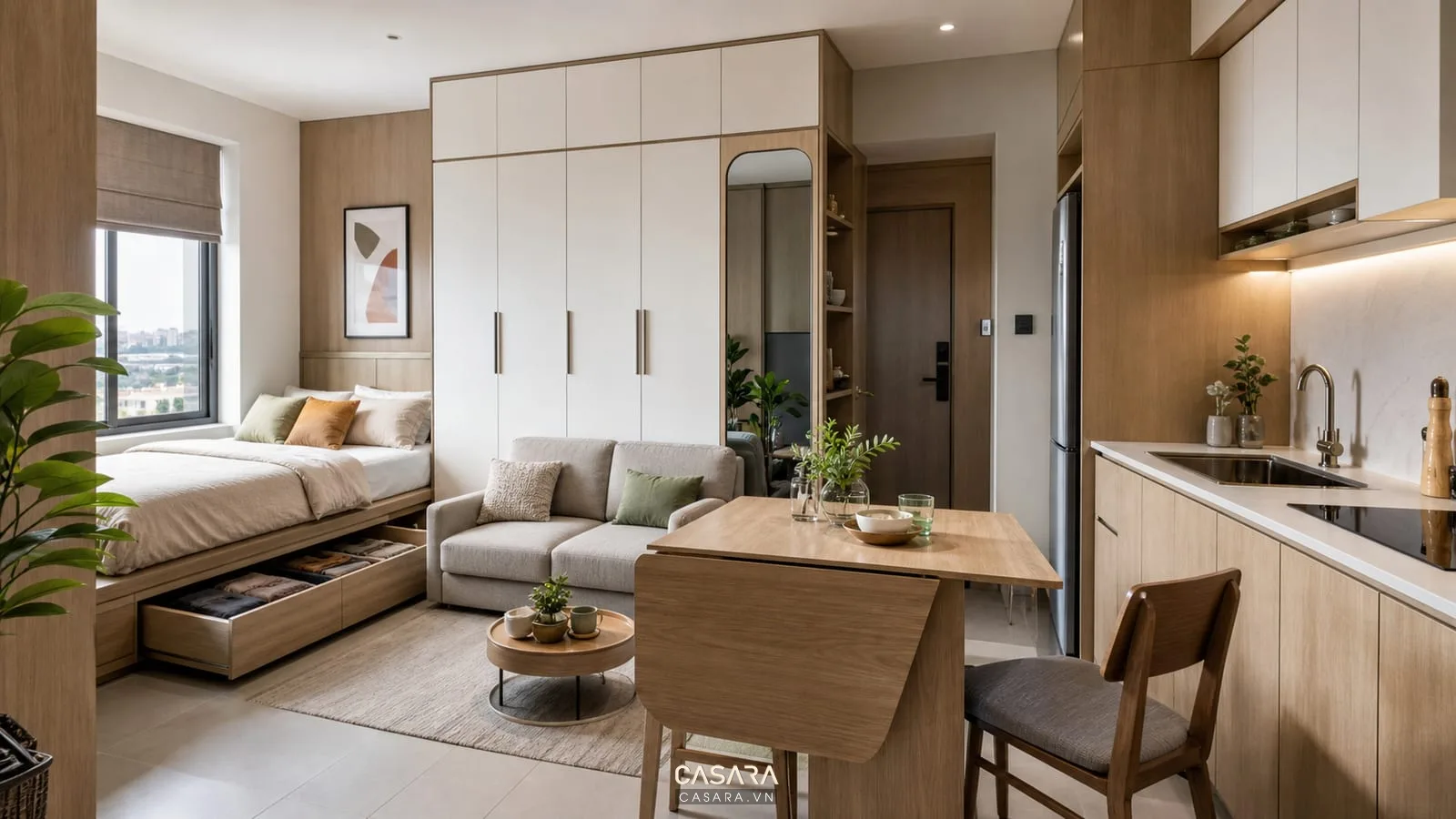 Thiết kế căn hộ chung cư 36m2 với giường hộc tủ bếp sofa và bàn ăn gấp