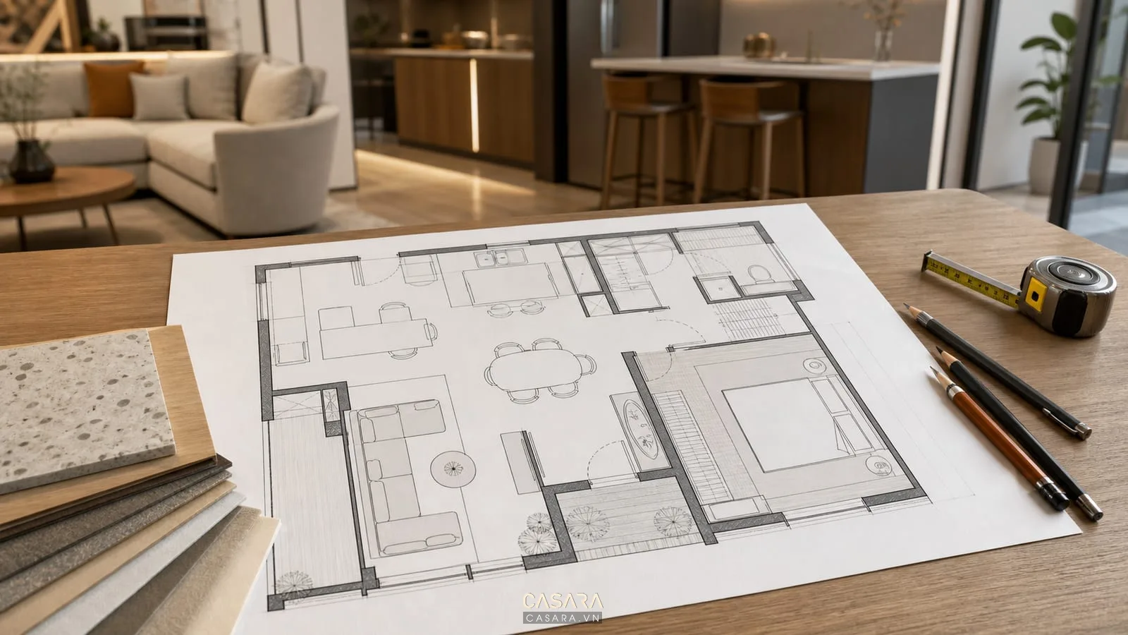 Sơ đồ thiết kế chung cư với mặt bằng phòng khách bếp phòng ngủ và ban công