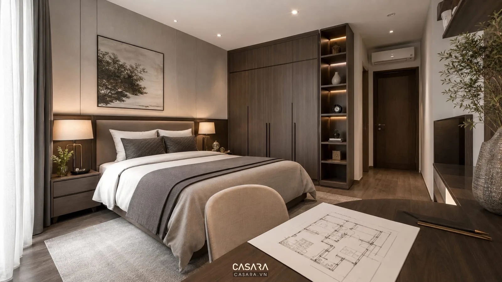 Phòng ngủ căn hộ chung cư với giường tủ quần áo bàn làm việc và bản vẽ mặt bằng