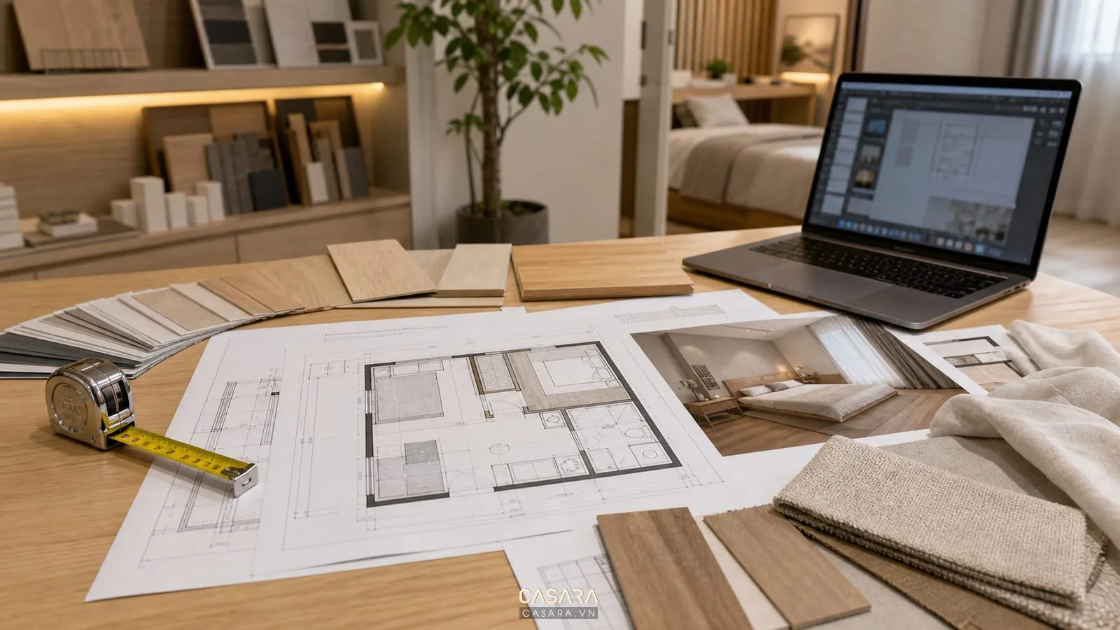 Hồ sơ thiết kế chung cư mini với bản vẽ mặt bằng căn hộ nhỏ và mẫu vật liệu nội thất