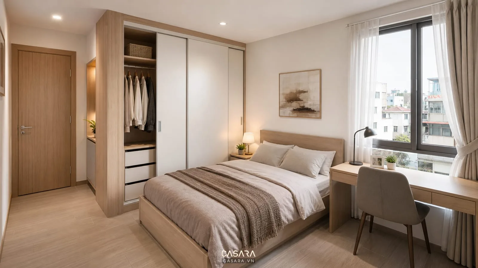 Mặt bằng phòng ngủ trong hồ sơ thiết kế chung cư mini với giường đôi và tủ áo cánh lùa