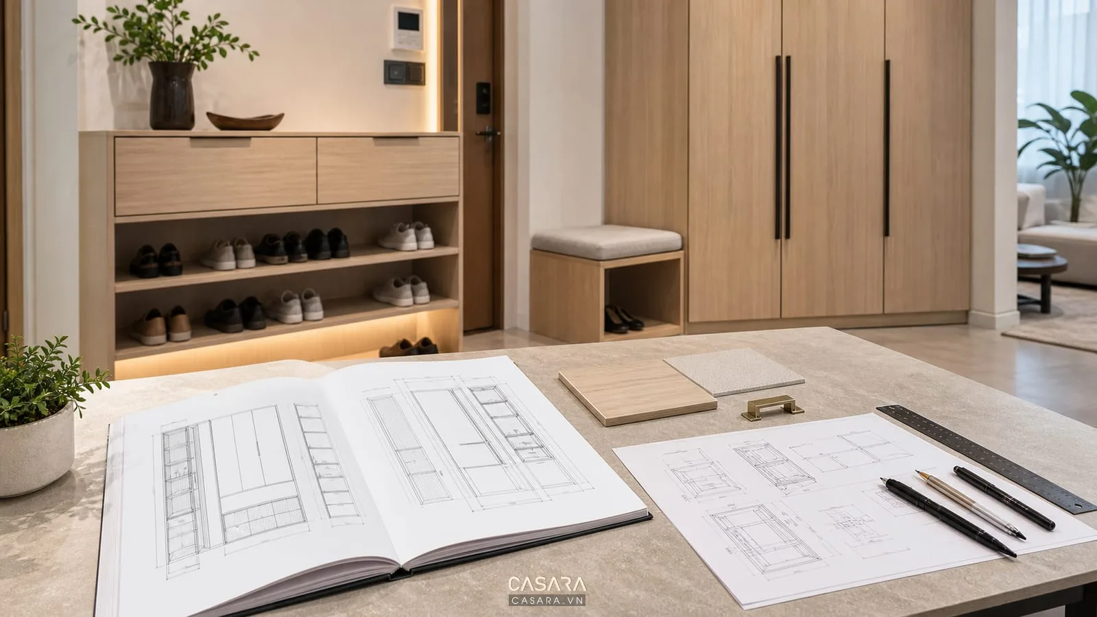 Bản vẽ hệ tủ trong hồ sơ thiết kế chung cư mini với tủ giày và tủ áo kịch trần