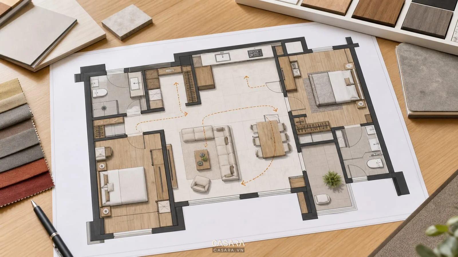 Bản vẽ mặt bằng căn hộ chung cư với sofa, bếp, giường ngủ, tủ áo và luồng di chuyển