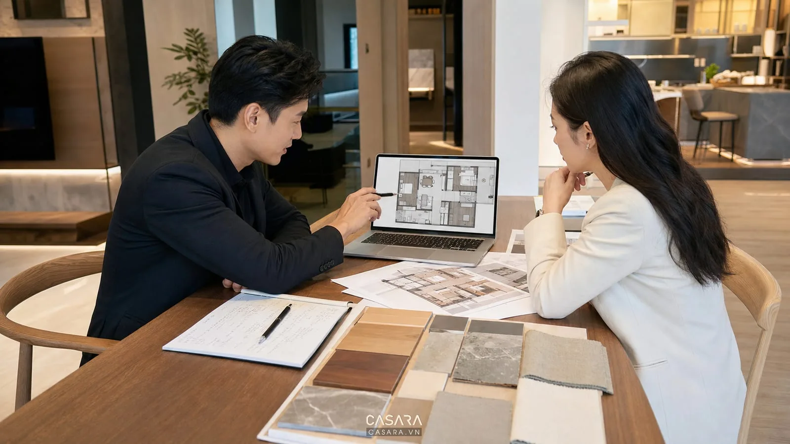 Gia chủ và kiến trúc sư xem hồ sơ thiết kế chung cư PDF cùng bản vẽ mặt bằng và mẫu vật liệu