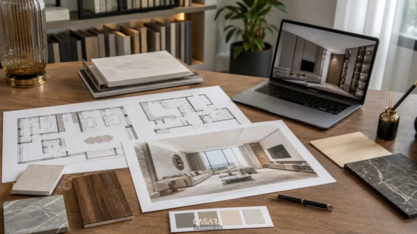 Bản vẽ mặt bằng, phối cảnh nội thất và mẫu vật liệu đặt trên bàn làm việc