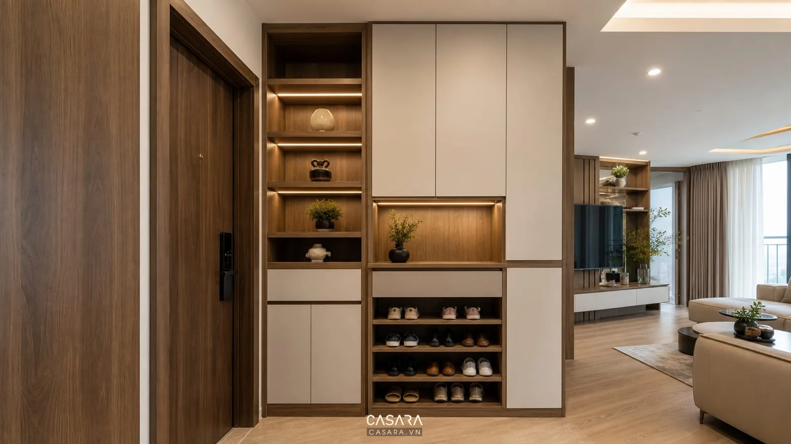 tủ lưu trữ trong thiết kế nội thất căn hộ chung cư với kệ mở và ngăn kéo kín