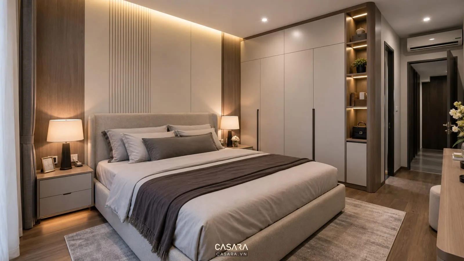 phòng ngủ trong hồ sơ thiết kế nội thất chung cư có đèn đầu giường và ổ cắm tiện dụng