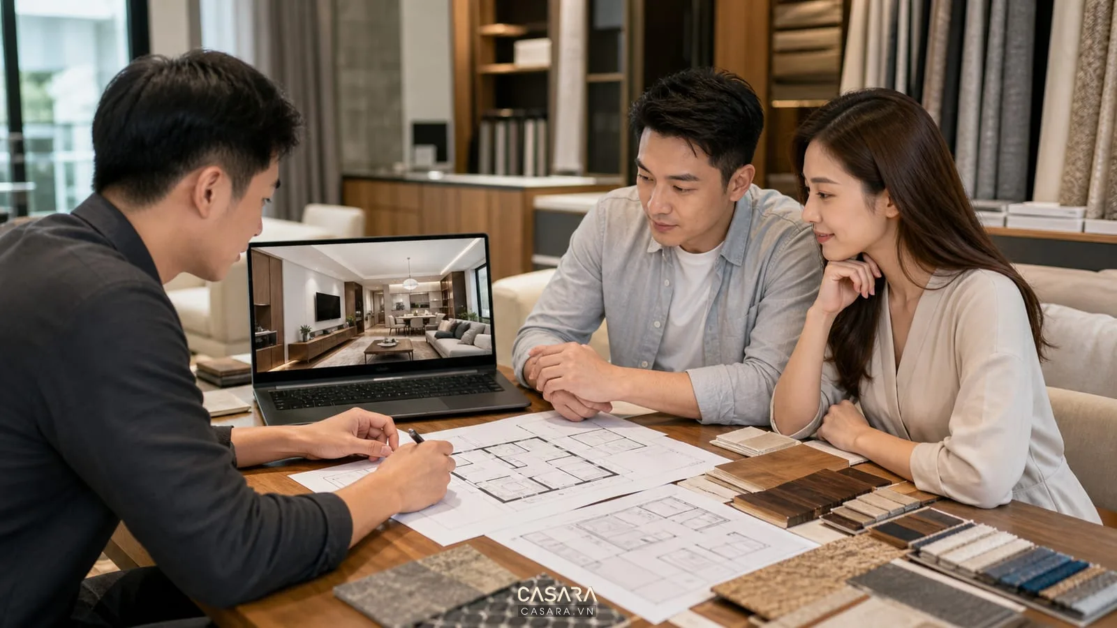 kiến trúc sư tư vấn hồ sơ thiết kế nội thất chung cư với bản vẽ và mẫu vật liệu