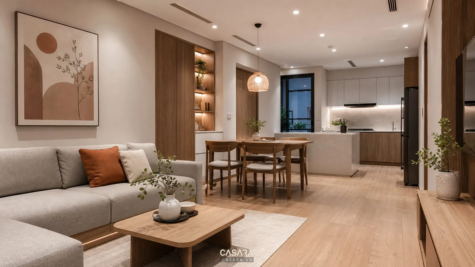 căn hộ chung cư hoàn thiện theo hồ sơ thiết kế nội thất với phòng khách liền bếp gọn gàng