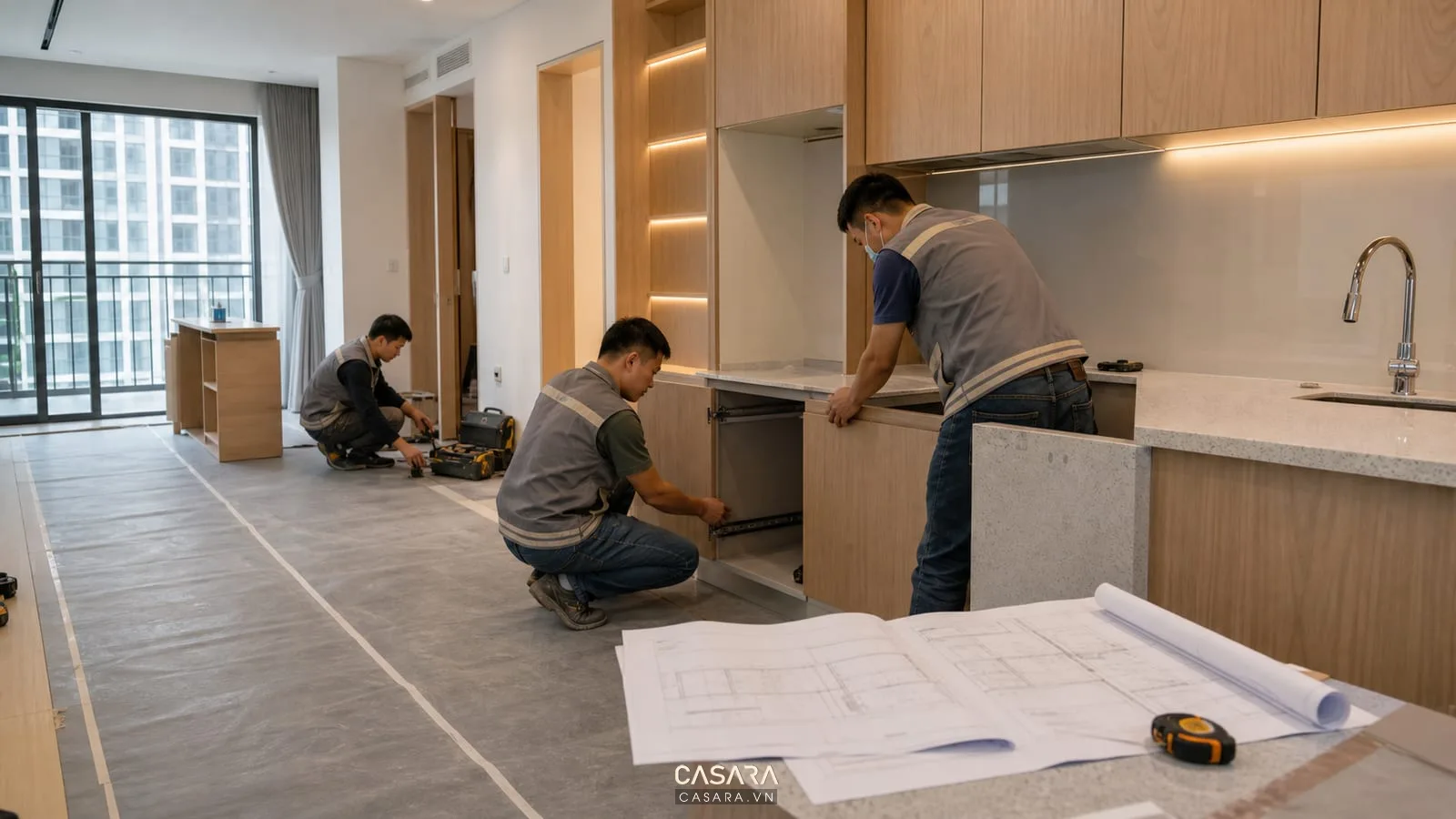 đội thi công nội thất chung cư lắp tủ bếp theo bản vẽ kỹ thuật