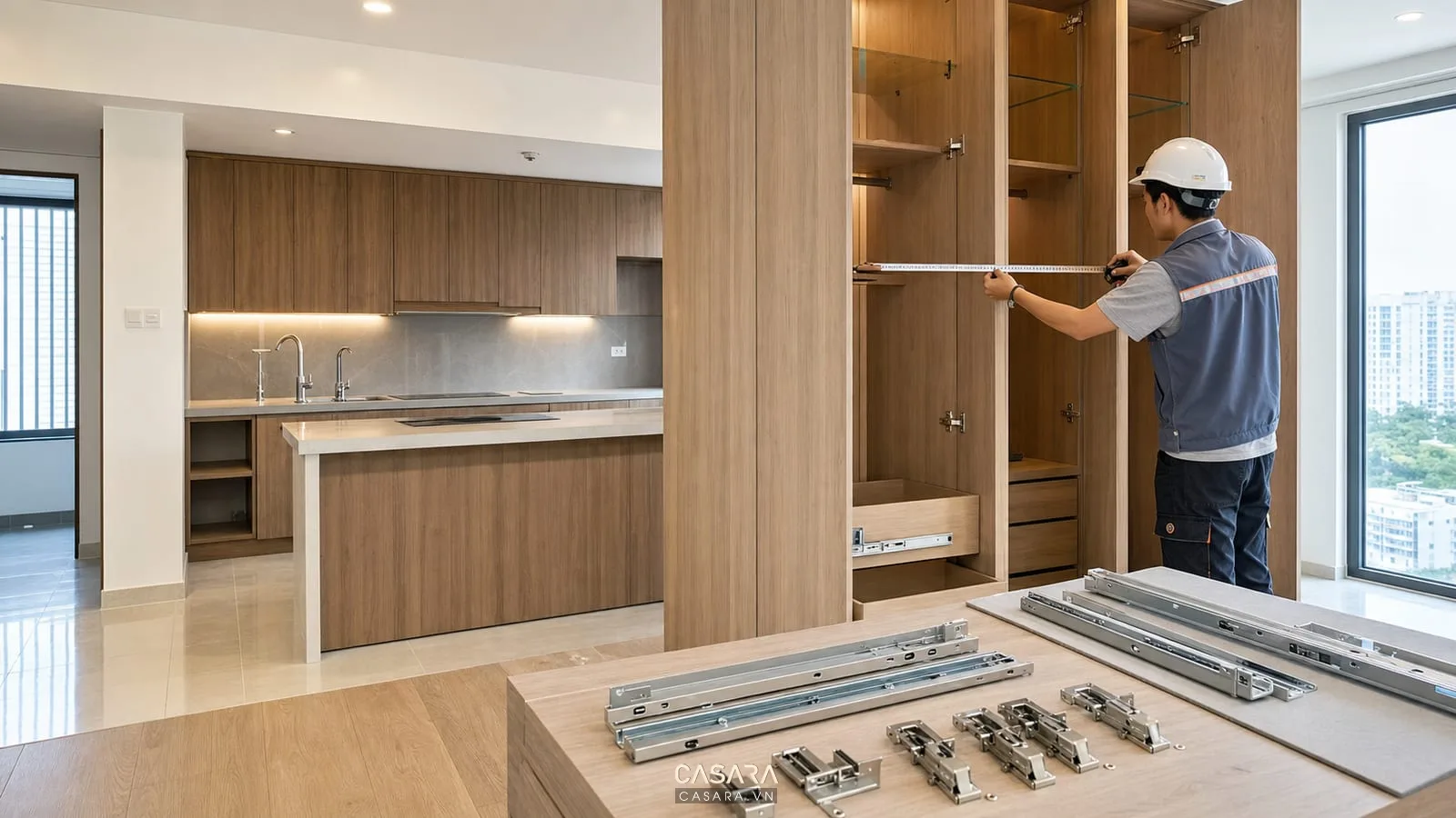 Thi công nội thất chung cư với tủ bếp, tủ áo, phụ kiện ray trượt bản lề và đo đạc thực tế