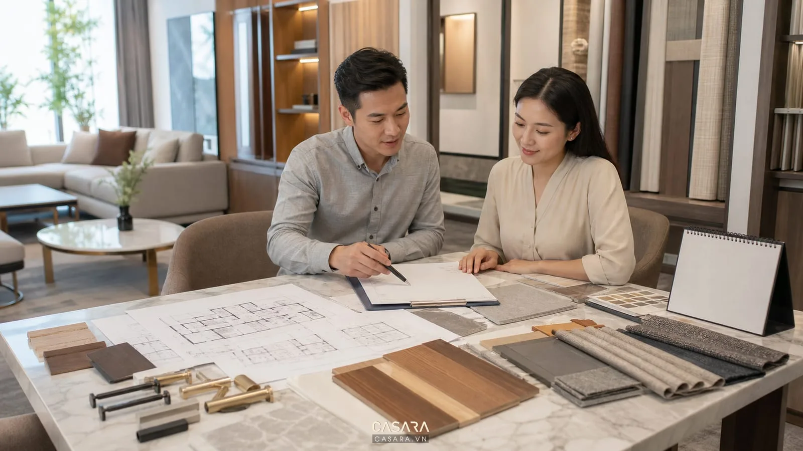 Kiến trúc sư tư vấn hợp đồng thi công chung cư với bản vẽ kỹ thuật, mẫu vật liệu và lịch tiến độ