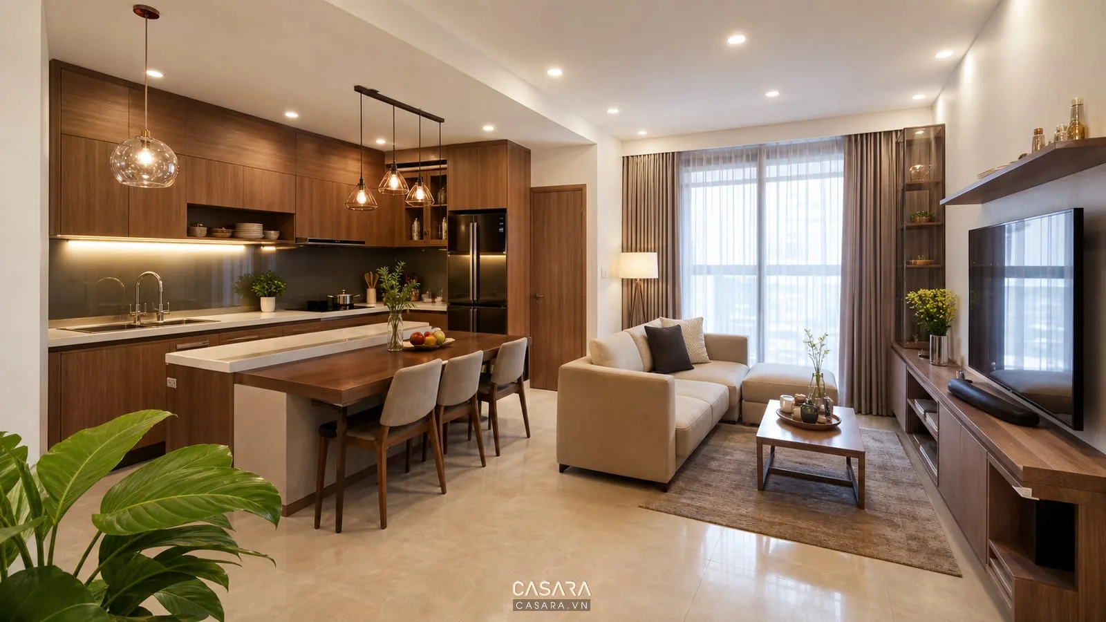 Căn hộ chung cư hoàn thiện nội thất với phòng khách bếp, tủ bếp gỗ, rèm cửa và ánh sáng ấm
