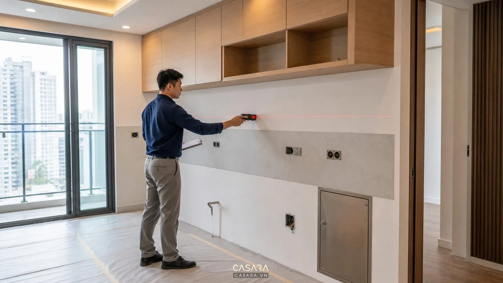 Kỹ thuật viên đo hiện trạng căn hộ trước khi thi công nội thất chung cư