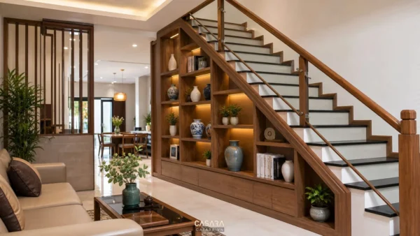 Kệ cầu thang gỗ hiện đại trong phòng khách nhà phố với sách bình gốm và cây xanh nhỏ